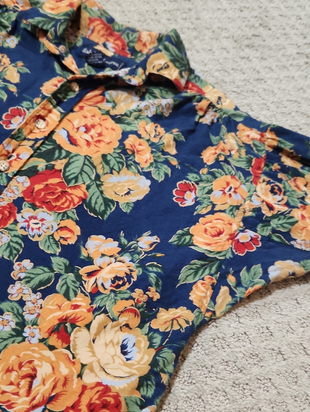 Ralph Lauren Floral Print Button-Up Shirt Navy with Yellow & Red Flowers Size 8 - Picture 9 of 16